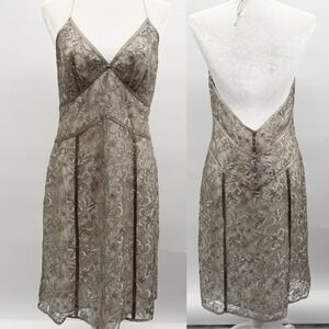 Vintage Y2K Express Babydoll Halter Midi Dress in Sage Green Sequin Lace Size 14